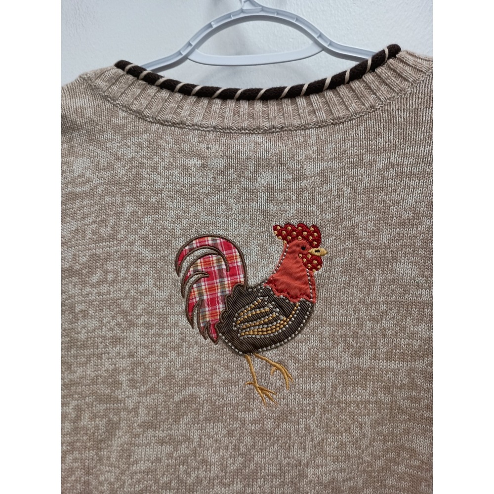 90s VTG CJ Banks Sweater Womens 1X Tan Rooster Hand Embroidered Farmcore Cotton - Picture 9 of 11